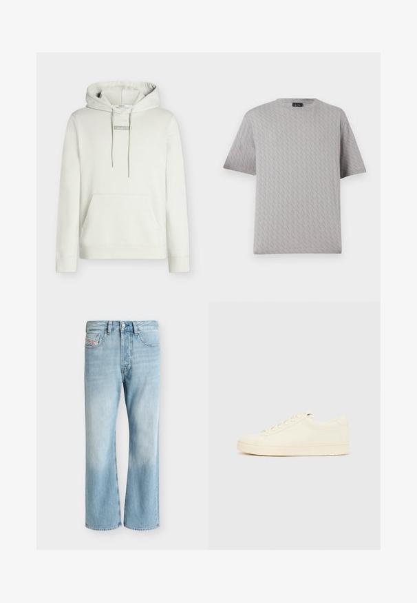 Sweat à capuche gris clair avec cordons, poche kangourou et petit logo "Calvin Klein" centré sur la poitrine. Coupe classique.; T-shirt gris à manches courtes et col rond avec un motif subtil en diagonale répétant le logo "A|X".; Jean en denim bleu clair avec cinq poches et une coupe droite, présenté sur un fond blanc uni.; Baskets couleur crème avec une tige en cuir lisse, bout arrondi, laçage à l'avant et semelle en caoutchouc texturée. Design minimaliste, sans logo.
