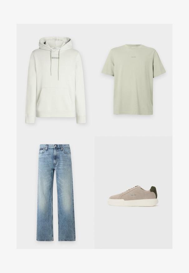 Sweat à capuche gris clair avec cordons, poche kangourou et petit logo "Calvin Klein" centré sur la poitrine. Coupe classique.; T-shirt en coton vert clair avec un col rond, des manches courtes et un petit logo Calvin Klein imprimé en une teinte plus foncée sur la poitrine.; Jean droit en denim bleu clair avec taille haute, cinq poches, fermeture à boutons et léger délavage sur les cuisses et les genoux.; Baskets en suède beige avec une semelle en caoutchouc blanche, présentant un accent de talon vert foncé et une branding subtile sur le côté.