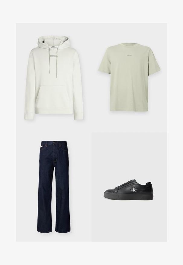 Sweat à capuche gris clair avec cordons, poche kangourou et petit logo "Calvin Klein" centré sur la poitrine. Coupe classique.; T-shirt en coton vert clair avec un col rond, des manches courtes et un petit logo Calvin Klein imprimé en une teinte plus foncée sur la poitrine.; Jean droit en denim bleu foncé avec design à cinq poches et fermeture par boutons, présenté sur un fond clair uni.; Baskets en cuir noir avec un bout arrondi, semelle plate noire et lacets ton sur ton. Présente un logo argenté sur le côté, texture lisse sur l'ensemble.