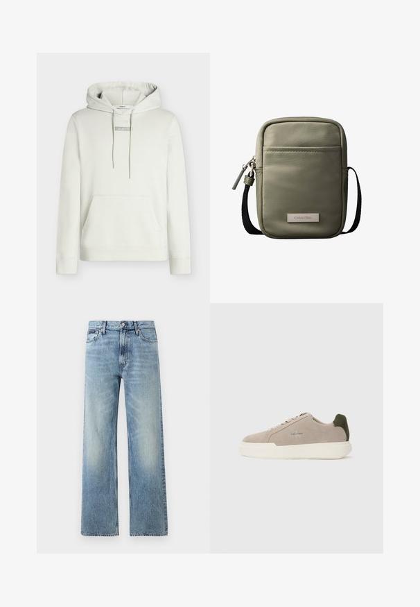 Sweat à capuche gris clair avec cordons, poche kangourou et petit logo "Calvin Klein" centré sur la poitrine. Coupe classique.; Jean droit en denim bleu clair avec taille haute, cinq poches, fermeture à boutons et léger délavage sur les cuisses et les genoux.; Baskets en suède beige avec une semelle en caoutchouc blanche, présentant un accent de talon vert foncé et une branding subtile sur le côté.; Sac bandoulière compact vert olive avec poche avant, sangle noire réglable, fermeture zippée et plaque logo Calvin Klein.