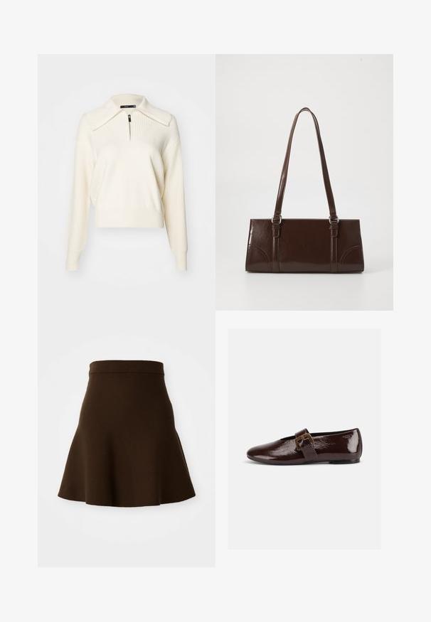 Pull en maille couleur crème avec un col montant zippé, texture côtelée, manches longues et une coupe raccourcie décontractée. Les accents incluent des détails de couture.; Jupe évasée marron en tissu doux avec une texture lisse. Elle possède une taille ajustée et un design à hauteur du genou, sans motifs visibles.; Chaussure plate en cuir verni marron foncé avec une large bride à boucle dorée et un bout arrondi, présentée de profil sur fond blanc.; Sac à main en cuir verni marron de forme rectangulaire, avec deux longues poignées et des accents courbés subtils à l'avant.