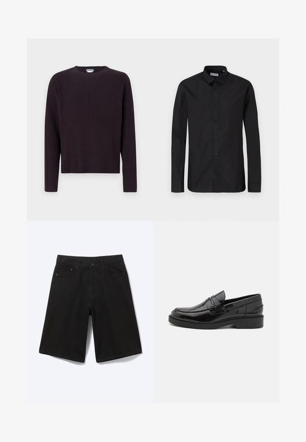 Suéter de punto acanalado en púrpura oscuro con cuello redondo y mangas largas, que presenta un corte holgado y una tela texturizada.; Camisa de botón negra de manga larga con collar clásico, hecha de una tela suave, con botones frontales y un diseño de corte regular.; Pantalones cortos vaqueros negros hasta la rodilla con botón frontal, trabillas para cinturón y cinco bolsillos, mostrados sobre un fondo blanco.; Mocasines de cuero negro con un acabado suave, punta redondeada, tacón bajo y costura decorativa en la parte delantera. Suela de goma para mayor agarre.