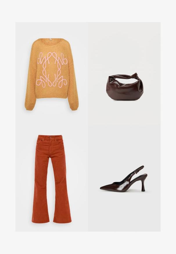Pull en tricot orange à coupe décontractée, doté d'un design abstrait en broderie rose sur le devant et de manches longues.; Pantalons en velours côtelé de couleur rouille, évasés avec une taille haute, cinq poches et une fermeture à bouton à l'avant. Texture douce et motif en velours côtelé visible.; Talons slingback en cuir verni brun avec un bout pointu, un talon fin, et une sangle réglable avec une petite boucle.; Sac bandoulière en cuir marron foncé avec une forme souple et décontractée et une anse nouée torsadée sur un fond blanc uni.