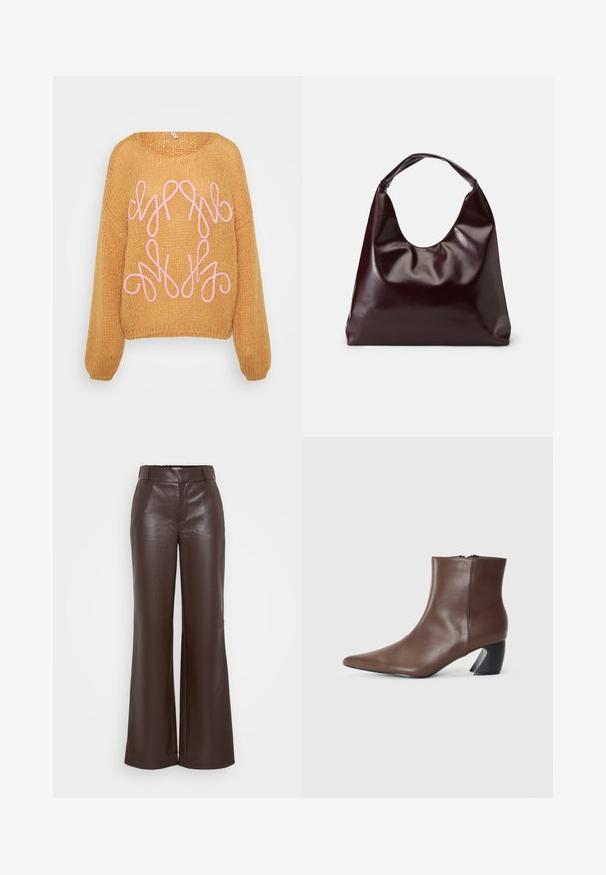 Pull en tricot orange à coupe décontractée, doté d'un design abstrait en broderie rose sur le devant et de manches longues.; ONLY Tall ONLSMOOTH WIDE - Pantalon classique - seal brown; RAID DEBRA - Boots à talons - brown; Sac en cuir vegan bordeaux, brillant, avec une forme douce et sculpturale et une large poignée incurvée pour un transport facile.