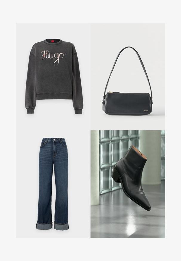 Mørkegrå sweatshirt med ribbet manchetter og kant. Har stor, kursiv "Hugo"-logo i en kontrasterende lys farve. Blød tekstur.; Højtaljede vide jeans i mørkeblå denim, med kontrastsyninger, foldet kant nederst og klassisk femlomme-design.; Sort læderankelstøvle med spids tå og blokhæl, der svæver over en reflekterende grå gulv nær en væg af glasblokke.; Sort rektangulær skuldertaske i læder med guld lynlås og lille guld "HUGO"-logo på fronten, med justerbar strop med spænde.