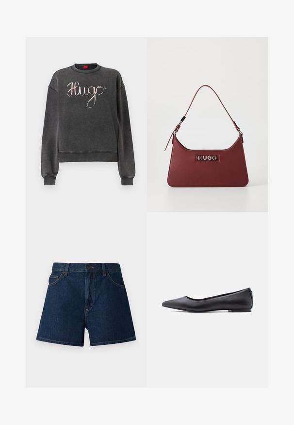 Donkergrijze sweatshirts met geribbelde manchetten en zoom. Voorzien van een groot, cursief "Hugo"-logo in een contrasterende lichte kleur. Zachte textuur.; Donkerblauwe denim shorts. Voorzien van een klassieke snit met een tailleband, voorzakken en zichtbare naden. Soepele textuur, minimalistisch ontwerp.; Zwarte platte leren schoen met puntige neus en lage hak, zijaanzicht tegen een witte achtergrond.; Kleine rechthoekige bordeauxrode leren handtas met een verstelbare schouderband en een zilveren "HUGO" logo plaatje aan de voorkant.