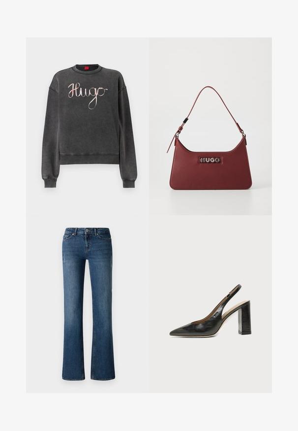 Dunkelgrauer Pullover mit gerippten Bündchen und Saum. Verfügt über ein großes, kursives "Hugo"-Logo in einer kontrastierenden hellen Farbe. Weiche Textur.; Dunkelblaue Denim-Jeans mit einem ausgestellten Bein-Design, das subtile Auswaschungen und abgenutzte Details in der Nähe der Oberschenkel- und Kniebereiche aufweist.; Schwarzer Leder-Slingback-Schuh mit spitzer Kappe, hohem Blockabsatz und beigegefüttertem Innenraum vor hellem, einfarbigem Hintergrund.; Kleine rechteckige burgunderfarbene Lederhandtasche mit verstellbarem Riemen und silberner "HUGO"-Logoplatte auf der Vorderseite.