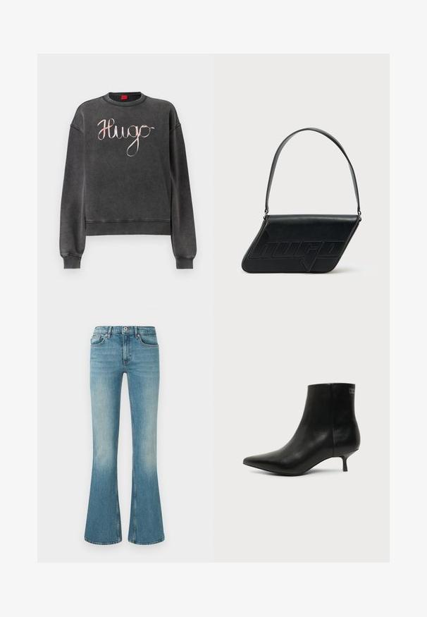 Dunkelgrauer Pullover mit gerippten Bündchen und Saum. Verfügt über ein großes, kursives "Hugo"-Logo in einer kontrastierenden hellen Farbe. Weiche Textur.; Helle blaue Jeans mit ausgestelltem Bein, fünf Taschen, gestickten Details und einem Bund mit Knopf- und Reißverschluss.; Schwarzer Leder-Knöchel-Stiefel mit spitzer Spitze und niedrigem Kittenabsatz vor hellem Hintergrund, seitliche Ansicht.; Schwarze Leder-Umhängetasche mit dreieckiger Form, geprägt mit Logo und einem einzigen verstellbaren Riemen. Minimalistisches Design mit glatter Textur.