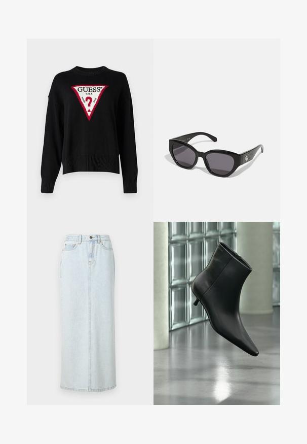 Guess Jeans BIG TRIANGLE - Pullover - jet black; Jupe maxi en denim bleu clair avec un design droit, fermeture à boutons sur le devant et couture visible. Elle comporte deux poches avant.; Bottine en cuir noir à bout pointu et petit talon kitten, présentée en angle devant un sol poli et un mur en blocs de verre.; Lunettes de soleil noires au design lisse et angulaire, avec des verres foncés et un logo en argent contrastant sur le côté. Texture en plastique lisse.