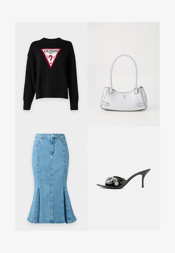 Guess Jeans BIG TRIANGLE - Pullover - jet black; Jupe crayon en denim bleu clair avec un ourlet évasé et des fentes latérales, dotée d'une fermeture à bouton à l'avant et de poches. Design simple et épuré.; Mule à talon haut en cuir verni noir avec bout ouvert et breloques argentées décoratives comprenant une fleur et un cadenas sur la bride avant.; Sac à main argenté avec un design structuré, doté de deux poignées, d'une texture brillante, de quincaillerie accentuée et d'un logo triangulaire sur le devant.