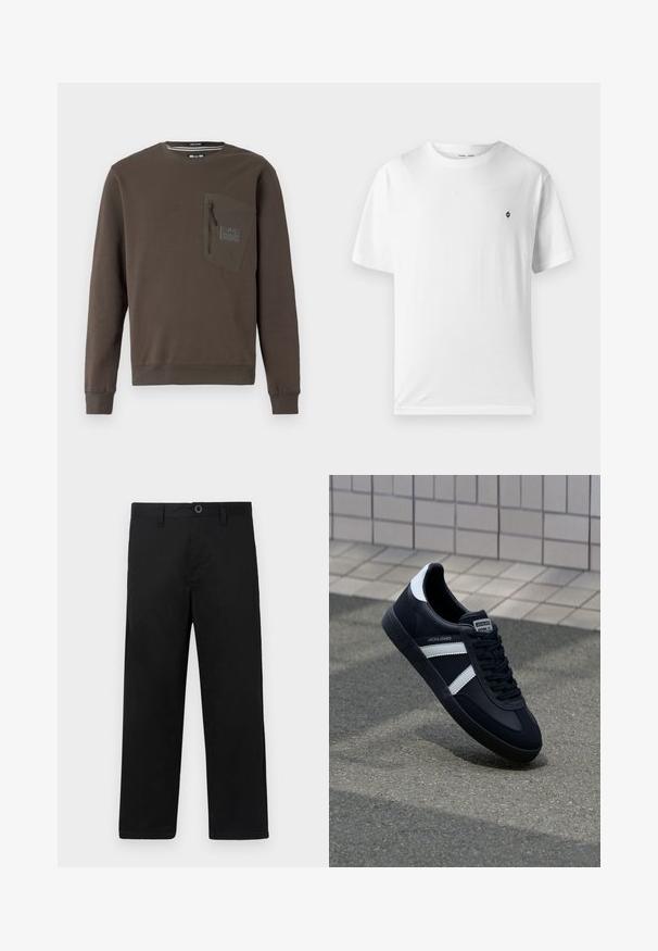 Brauner Sweatshirt mit rundem Hals, langen Ärmeln und einer Reißverschluss-Brusttasche. Verfügt über ein strukturiertes Patch sowie Rippabschlüsse an Saum und Ärmeln.; Weißes Baumwoll-T-Shirt mit rundem Halsausschnitt, kurzen Ärmeln und einem kleinen schwarzen Logo auf der Brust. Weicher Stoff, lässige Passform.; Schwarze Baumwollhosen mit geradem Schnitt, ausgestattet mit einem regulären Bund, Gürtelschlaufen und einem einzelnen Knopfverschluss. Glatte Textur, ohne Muster.; Schwarze Leder-Sneaker mit weißen Streifen, strukturiertem Gummisohle und Schnürung. Verfügt über ein Markenetikett auf der Zunge.