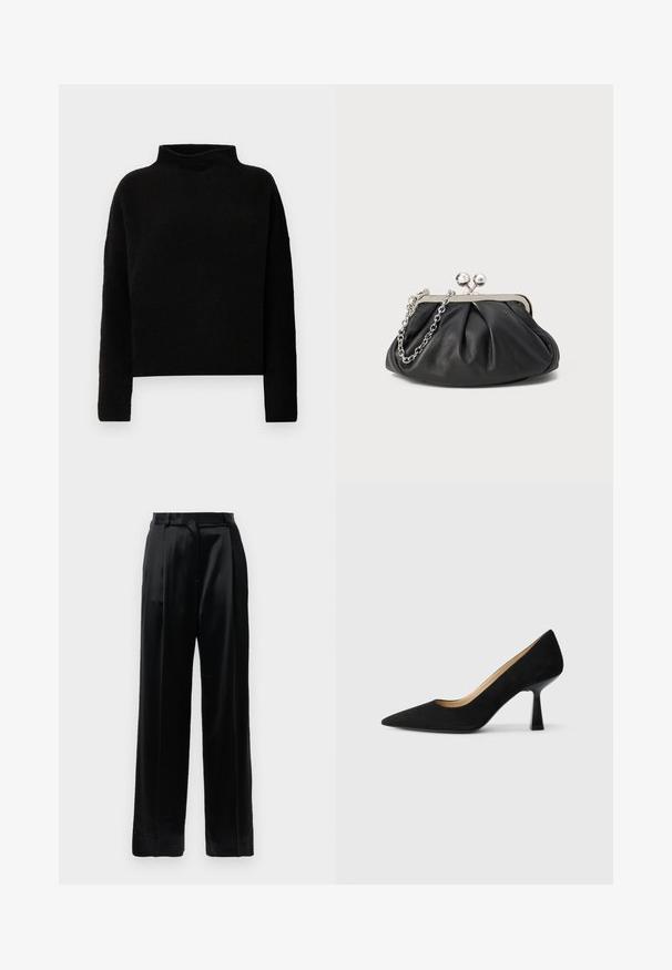 Pull en col roulé noir en tissu doux, avec des manches longues et une coupe décontractée, présentant des coutures minimales et sans embellissements visibles.; Pantalons en satin noir taille haute avec jambes larges droites, passants de ceinture et fermeture plates sur un fond blanc uni.; Pompe à talons hauts en suède noir avec un bout pointu, dotée d'un talon bloc noir brillant et d'une doublure intérieure lisse.; Porte-monnaie en cuir noir avec texture froncée, cadre en métal argenté, fermeture à verrouillage kiss-lock et bandoulière en chaîne. Surface lisse et douce.