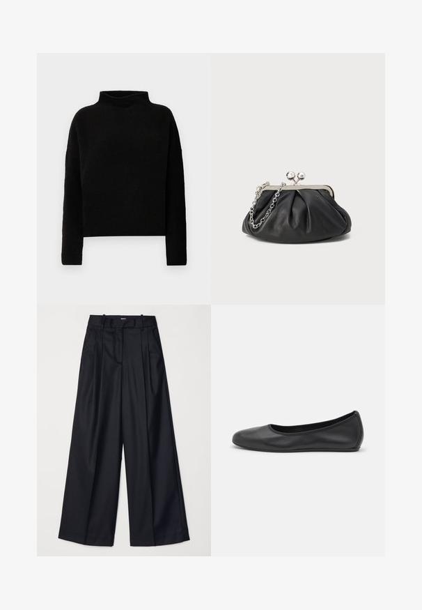 Pull en col roulé noir en tissu doux, avec des manches longues et une coupe décontractée, présentant des coutures minimales et sans embellissements visibles.; Pantalons noirs à jambes larges en tissu lisse, dotés d'une taille haute, de plis et d'une coupe ajustée. Quincaillerie noire simple à la taille.; Ballerines en cuir noir avec un bout rond, texture lisse, détails de couture minimalistes et design de semelle flexible.; Porte-monnaie en cuir noir avec texture froncée, cadre en métal argenté, fermeture à verrouillage kiss-lock et bandoulière en chaîne. Surface lisse et douce.