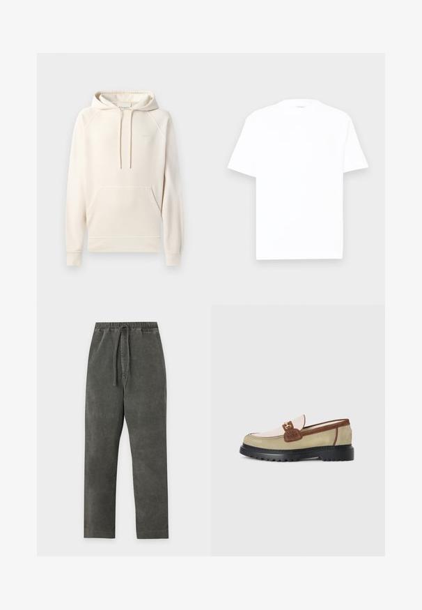 CLOSED Hoodie - blush pink; Witte katoenen t-shirt met een ronde hals, korte mouwen en een relaxte pasvorm. Gladde textuur, minimale details en geen patronen of graphics.; Donkergrijze corduroy broek met elastische tailleband en trekkoord, rechte pijp, geen zichtbare zakken, getoond op een witte achtergrond.; Loafer met beige, lichtroze en bruine suède panelen, gouden metalen gespaccent, en dikke zwarte rubberen zool met profiel.