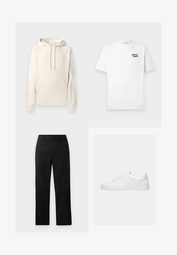 CLOSED Φούτερ με κουκούλα - blush pink; Λευκό βαμβακερό t-shirt με κοντά μανίκια και στρογγυλή λαιμόκοψη. Διαθέτει ένα μαύρο κεντημένο λογότυπο στο αριστερό στήθος. Λείος υφή.; Μαύρο παντελόνι φτιαγμένο από λείο ύφασμα, με επίπεδο μπροστινό μέρος, δύο μπροστινές τσέπες και ίσια γραμμή κοπής με διακριτές ραφές.; Λευκό sneaker χαμηλού τόνου με σχέδιο δέσιμο κορδονιών, λείο δερμάτινο επάνω μέρος και παχύ πάτο, εμφανιζόμενο από πλευρική όψη σε απλό φόντο.