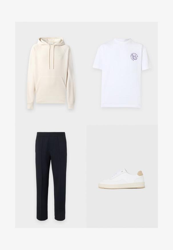 CLOSED Hoodie - blush pink; Wit T-shirt met korte mouwen met een kleine paarse octopustentakel en de cirkelvormige tekst "PURPO PICNIC" op de bovenste linkerborst.; Zwarte broek met rechte pijpen, voornaaddetail, elastische tailleband en zijzakken op een effen lichte achtergrond.; Witte lage sneakers van textuurleer met een romige, ribbelige zool en een tankleurige hakaccent. Voorzien van witte veters en logodetail op de hak.