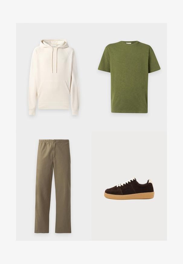 CLOSED Jersey con capucha - blush pink; Camiseta de algodón verde oliva con un ajuste relajado, cuello redondo y mangas cortas. Presenta un detalle sutil de texto en la parte izquierda delantera.; Pantalones caqui hechos de tela ligera. Presentan una cinturilla elástica, un cierre de botón, piernas rectas y una textura suave.; Zapatilla de ante marrón oscuro con cordones blancos, lengüeta beige en el talón y suela de goma marrón claro vista de lado sobre fondo liso.