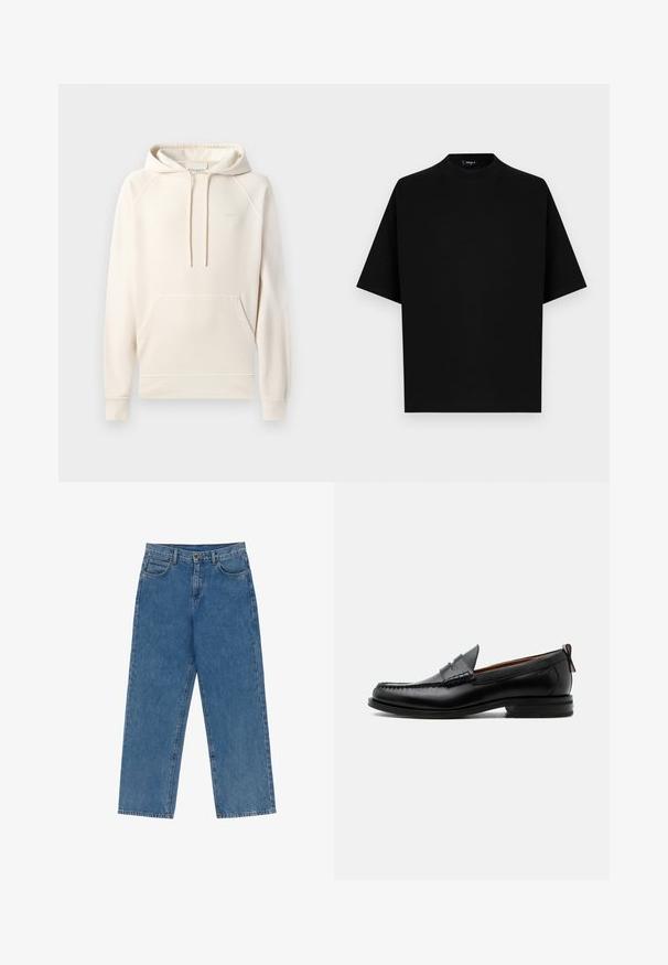 CLOSED Kapuzenpullover - blush pink; Schwarzes T-Shirt mit kurzen Ärmeln und Rundhalsausschnitt, locker geschnitten, auf weißem Hintergrund.; Blaue, hoch taillierte Jeans mit geradem Bein, vorderer Knopf- und Reißverschluss, Gürtelschlaufen und fünf Taschen vor weißem Hintergrund.; Schwarzer Leder-Herrenschuh mit Mokassinnaht, Penny-Riemen, strukturiertem Kragen und niedrigem gestapeltem Absatz auf weißem Hintergrund.