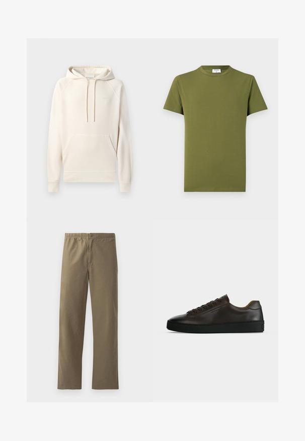 CLOSED Hættetrøje - blush pink; Olivengrøn kortærmet t-shirt lavet af blødt, glat stof. Klassisk rund halsudskæring, rene linjer og uden synlige mønstre eller detaljer.; Khaki bukser lavet af letvægtsmateriale. Har en elastisk talje, knaplukning, lige ben og en glat overflade.; Lavprofil mørkebrune lædersneaker med sort gummisål, snørelukning foran og glat minimalistisk design på lys baggrund.
