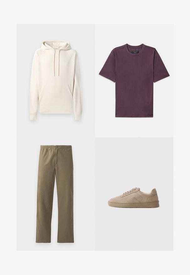 CLOSED Jersey con capucha - blush pink; Camiseta de manga corta y cuello redondo en color malva oscuro, con etiqueta de la marca visible cosida en el interior del cuello.; Pantalones caqui hechos de tela ligera. Presentan una cinturilla elástica, un cierre de botón, piernas rectas y una textura suave.; Zapatilla de cuero color beige con cordones planos, acabado liso y suela de goma texturizada. Costuras en los paneles laterales y diseño de punta redondeada.