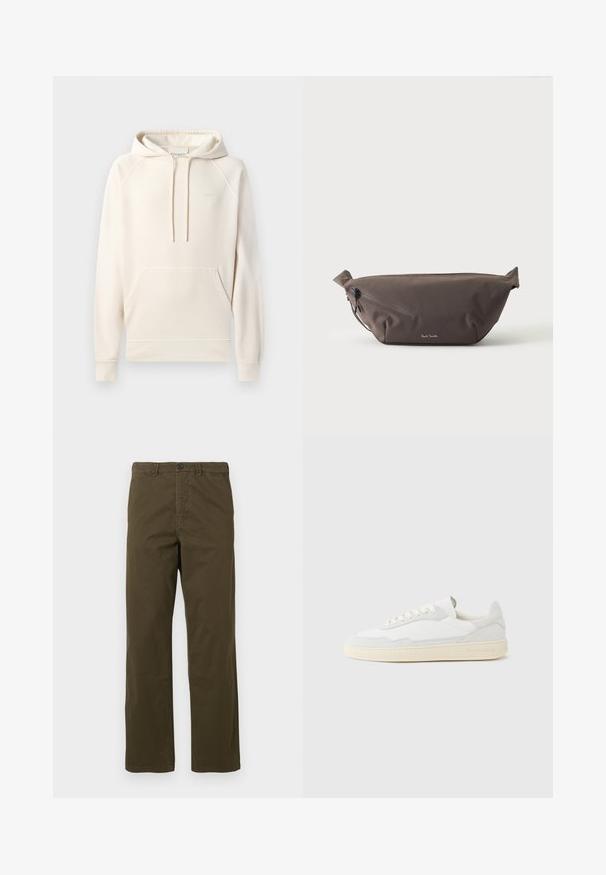 CLOSED Hoodie - blush pink; Heren rechte bruine katoenen broek met riemlussen, knoop aan de voorkant en ritssluiting tegen een lichte achtergrond.; Witte sneaker met een bovenwerk van gestructureerd suède en leer. Voorzien van een afgeronde neus, vetersluiting en een contrasterende beige rubberen zool.; Donkerbruine stoffen heuptas met diagonale ritssluiting en klein wit logo aan de voorkant, tegen een effen lichte achtergrond.