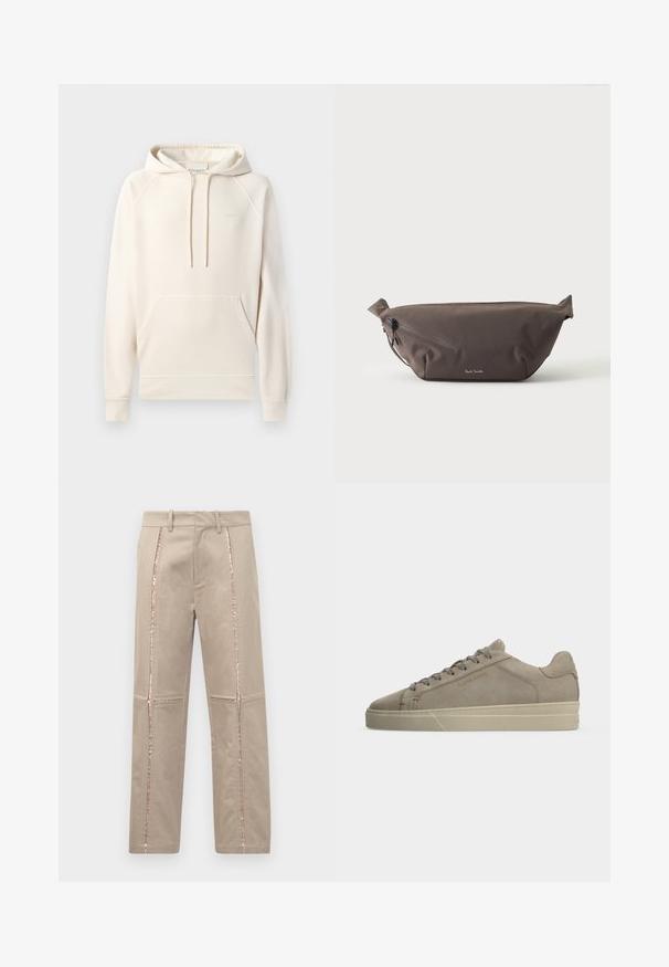 CLOSED Hættetrøje - blush pink; Beige bukser med lige skæring, der har rosaguld glitrende sidelister og subtile stikninger på benene.; Beige ruskind lavtopsneaker med tonale snørebånd, cremefarvet gummisål og "FILLING PIECES" præget på sidepanelet.; Mørkebrun stof talje taske med diagonalt lynlåslomme og lille hvidt logo på fronten, sat mod en ensfarvet lys baggrund.