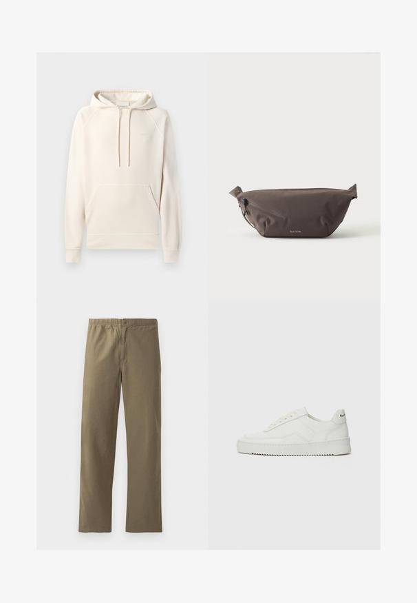 CLOSED Kapuzenpullover - blush pink; Khaki-Hosen aus leichtem Stoff. Mit einem elastischen Bund, einem Knopfverschluss, geraden Beinen und einer glatten Textur.; Weiße Ledersneaker mit glatter Oberfläche, runder Zehenpartie, flachen Schnürsenkeln und strukturiertem Sohlenprofil. Mit einem dezenten Logo an der Ferse.; Dunkelbraune Stoff-Gürteltasche mit diagonalem Reißverschlussfach und kleinem weißen Logo vorne, vor einem einfarbigen hellen Hintergrund.