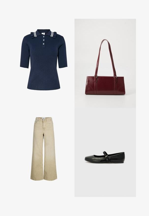 Polo bleu marine côtelé à manches courtes, doté d'un col rayé et d'un détail volanté, fermé par trois boutons à l'avant.; Jean beige à taille haute et jambes larges, avec bouton et fermeture éclair à l'avant, passants pour ceinture et poches avant.; Ballerines en cuir noir avec un bout arrondi, une semelle plate et une fine sangle ajustable sur le cou-de-pied avec une boucle en métal.; Sac à main bordeaux en matériau brillant, de forme rectangulaire, avec deux anses et des accents légèrement courbés à l'avant.