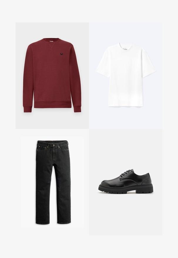 Bordeaux sweatshirt med rund halsudskæring, lange ærmer, ribbede manchetter og kant. Har et lille sort logo på venstre bryst.; Enkel hvid T-shirt med korte ærmer og rund hals med afslappet pasform, vist på en lys baggrund.; Sorte lige ben denim jeans med fem lommer, bæltestropper og en knaplukning i taljen, lagt fladt på en hvid baggrund.; Sorte lædersko med rund tå, snørelukning og en tykk, struktureret gummisål. Har syninger langs kanten og en glat overflade.