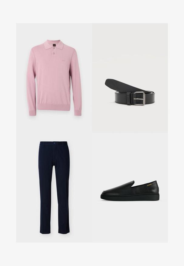 Polo tricoté rose à manches longues avec deux boutons, poignets et ourlet côtelés, et un logo brodé discret sur la poitrine.; Un pantalon en coton bleu marine présente un devant plat, des jambes droites, une braguette à glissière et une fermeture par un seul bouton. Aucun motif ou accent visible.; Chaussure noire en cuir à enfiler avec semelle épaisse et marquage "HUGO" en or près du talon sur un fond uni gris clair.; Ceinture en cuir noire enroulée avec une boucle rectangulaire en métal argenté sur un fond clair uni.