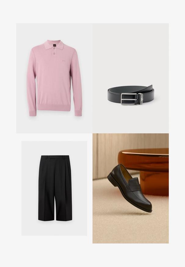Polo tricoté rose à manches longues avec deux boutons, poignets et ourlet côtelés, et un logo brodé discret sur la poitrine.; Pantalon noir à jambes larges et courtes avec passants de ceinture et plis avant, présenté sur un fond clair uni.; Mocassin en cuir noir à talon bas flottant au-dessus d'un sol moquetté beige près d'une table ronde marron.; Ceinture en cuir noir avec une boucle rectangulaire argentée et une petite boucle argentée attachée, enroulée sur un fond blanc.