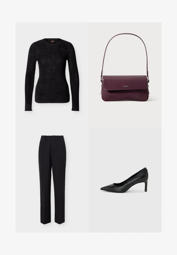 Pull noir à manches longues en maille côtelée avec encolure ronde, coupe slim et motif de texture subtil.; Pantalon noir droit et ajusté avec passants pour ceinture et plis centrés à l'avant, présenté sur un fond blanc uni.; Escarpin à bout pointu en cuir noir avec un talon fin de hauteur moyenne sur un fond gris clair uni.; Sac à main en cuir bordeaux au design structuré, avec une fermeture à rabat et une bandoulière ajustable. Détail du logo embossé sur le devant.
