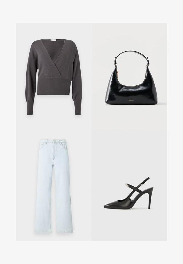 Pull gris court présentant un col en V, des manches longues, un ourlet et des poignets côtelés, ainsi qu'une texture en maille douce. Design classique avec des détails minimaux.; Jean large en denim bleu clair avec taille haute, design à cinq poches et détails de couture dorée. Texture lisse et coupe droite.; Escarpins slingback en cuir noir avec bout pointu, design ajouré et bride ajustable ornée de ferrures métalliques.; Sac à main Calvin Klein noir brillant avec fermeture éclair dorée et anse courte sur fond blanc uni.