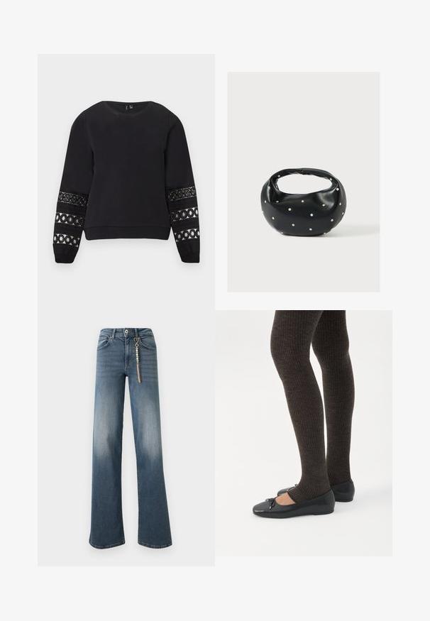 Sweat-shirt noir à manches longues avec encolure ronde et panneaux en dentelle décorative avec motifs circulaires sur les manches inférieures.; Jean bleu taille haute à jambe large avec un effet délavé et une chaîne dorée décorative avec des perles suspendue à la boucle de ceinture avant.; Jambes portant des leggings côtelés foncés associés à des ballerines noires avec de petits détails en nœud sur fond blanc.; Sac à main en cuir noir de forme arrondie, décoré de clous argentés et équipé d'une poignée courte. Texture lisse et fermeture éclair.