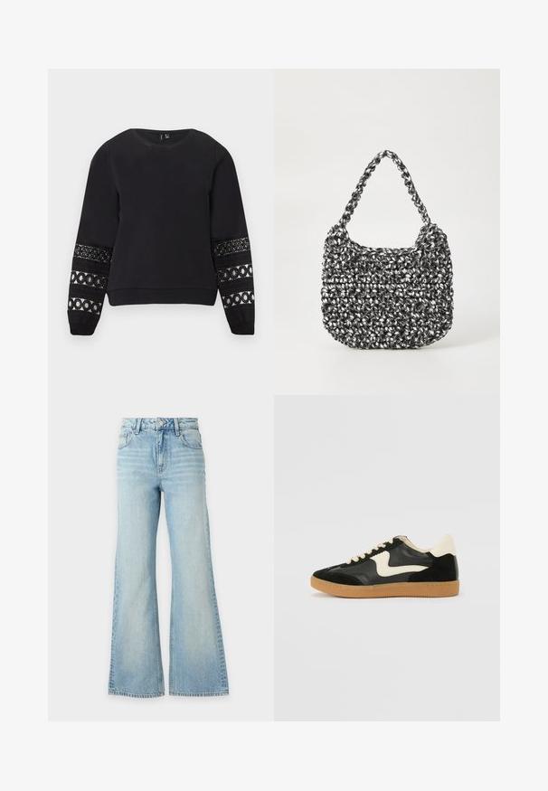 Sweat-shirt noir à manches longues avec encolure ronde et panneaux en dentelle décorative avec motifs circulaires sur les manches inférieures.; Jean en denim bleu clair avec taille haute et jambes larges, doté de poches avant et arrière et d'une fermeture à boutons.; Baskets en daim et cuir noir avec un swoosh latéral crème et un talon crème clair. Dotées de lacets beige et d'une semelle en caoutchouc gomme.; Sac en osier noir et blanc de forme arrondie, avec une surface texturée et une poignée tressée. Convient à un usage décontracté.