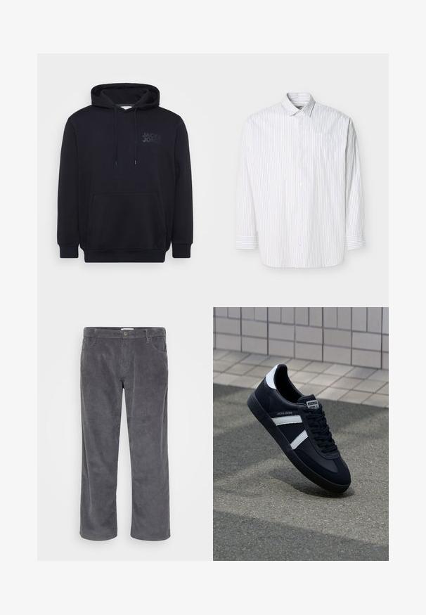 Schwarzer Hoodie aus Baumwollmischung, mit einer vorderen Kängurutasche, einer Kapuze mit Zugband und einem dezenten Logodesign auf der Brust.; Weiße langärmlige Hemd mit Knöpfen, dünnen vertikalen beigen Streifen und einer Brusttasche, flach auf hellem Hintergrund dargestellt.; Graue Cordhosen mit geradem Bein, die über Vorderaschen und eine subtile ribbelige Textur verfügen. Keine sichtbaren Marken oder Akzente.; Schwarze Leder-Sneaker mit weißen Streifen, strukturiertem Gummisohle und Schnürung. Verfügt über ein Markenetikett auf der Zunge.