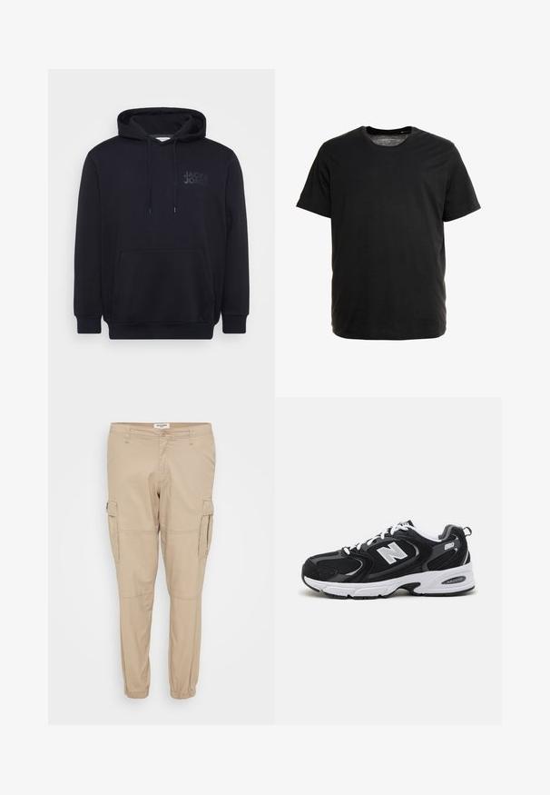 Schwarzer Hoodie aus Baumwollmischung, mit einer vorderen Kängurutasche, einer Kapuze mit Zugband und einem dezenten Logodesign auf der Brust.; Schwarzes Kurzarm-T-Shirt aus weichem Stoff, mit Rundhalsausschnitt und geradem Schnitt, ohne sichtbare Muster oder Grafiken.; Beige Cargo-Hosen aus leichtem Stoff, mit schmal zulaufenden Beinen, elastischen Bündchen und Seitentaschen mit Klappenverschluss für ein praktisches Design.; Schwarze und graue Sportschuhe mit Obermaterial aus Mesh und Wildleder, ausgestattet mit einer weißen Zwischensohle, Schnürsenkeln und einem markanten "N"-Logo an der Seite.