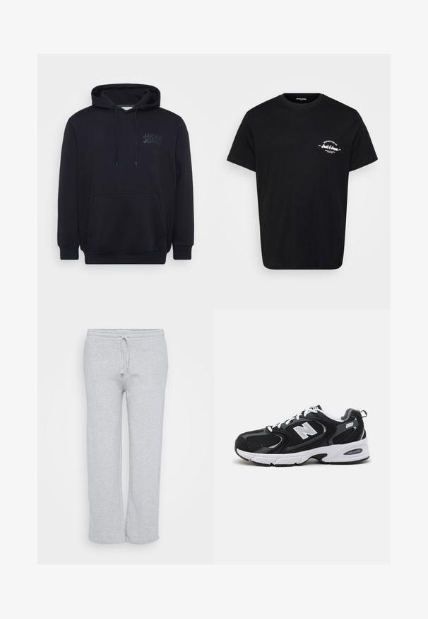 Schwarzer Hoodie aus Baumwollmischung, mit einer vorderen Kängurutasche, einer Kapuze mit Zugband und einem dezenten Logodesign auf der Brust.; Schwarzes Baumwoll-T-Shirt mit Rundhalsausschnitt, kurzen Ärmeln und einem weißen, gedruckten Logo auf der linken Brust. Klassischer Schnitt und glatte Textur.; Helle graue Sweatpants aus weichem Stoff, mit einem elastischen Bund und Kordelzug, geradem Bein und seitlichen Taschen.; Schwarze und graue Sportschuhe mit Obermaterial aus Mesh und Wildleder, ausgestattet mit einer weißen Zwischensohle, Schnürsenkeln und einem markanten "N"-Logo an der Seite.