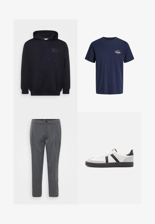 Zwarte hoodie van een katoenmix, met een voorzak in kangoeroestijl, een capuchon met trekkoord en een subtiel logo-ontwerp op de borst.; Marineblauw T-shirt met korte mouwen en ronde hals met kleine witte tekst "Definition of Jack & Jones" op de linkerborst.; Grijze broek met streepdessin, gemaakt van geweven stof, met een vlakke voorkant, riemlussen en een enkele knoopsluiting. Getailleerde pasvorm en gezoomde manchetten.; Witte sneaker met zwarte en grijze accenten, voorzien van een grijze neus met textuur, zwarte rubberen zool en platte witte veters. Schoon ontwerp, minimalistische stijl.