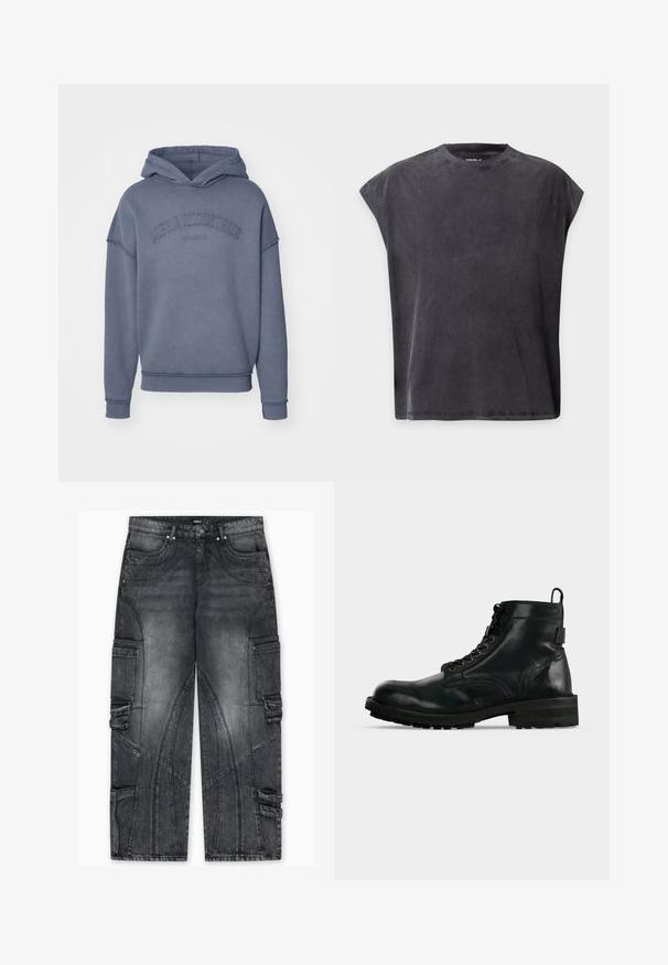 Hætte sweatshirt i dæmpet blå, lavet af blødt stof, med broderet "Alpha Industries" logo på brystet samt ribbede ærmer og kant.; Sort ærmeløs t-shirt med rund hals, afslappet og boxy pasform samt let sænkede skuldre på ensfarvet baggrund.; Cargo-jeans i falmet mørkegrå denim med sidelommer, unikke syningsmønstre, tilspidsede ben og accenter i metal.; Sort læder ankelstøvle med snøre, tyk sål og trækstrop bagpå, vist i sideprofil på hvid baggrund.