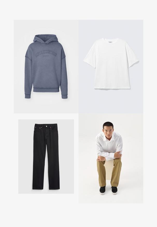 Hætte sweatshirt i dæmpet blå, lavet af blødt stof, med broderet "Alpha Industries" logo på brystet samt ribbede ærmer og kant.; Hvid oversized t-shirt med korte ærmer og rund halsudskæring med sænkede skuldre, fladt lagt på lys grå baggrund.; GAP 90S LOOSE - Loose-jeans - black; Ung mand i hvidt stribet skjorte og khakibukser sidder fremadlænet på en skammel med armene krydset, og ser direkte frem på en hvid baggrund.
