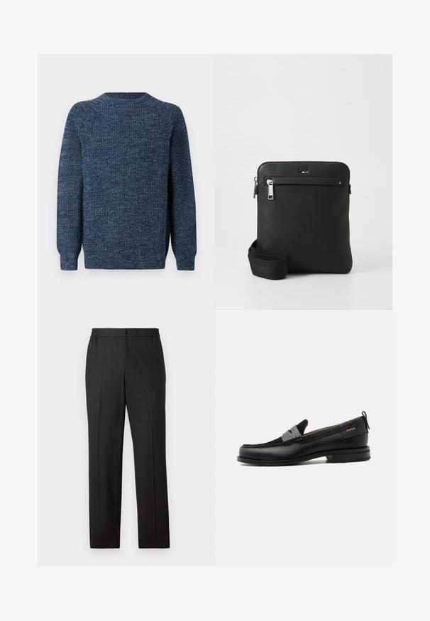 Barbour HORSEFORD CREW - Džemper - mallard green; Mustad püksid, millel on sirge jalgade disain, elastne vöökoht nupuga kinnitamisega, tasane esiosa ja sile kangatekstuur.; Must nahast loafer halli rihma detailiga, madala kand ja tekstuurse tallaga, külgedel kuldse "HUGO" brändiga.; Must nahast ristihoidja, lame disain, struktuurne pind, luku kinnis, esmine tasku ja reguleeritav kangast rihm.