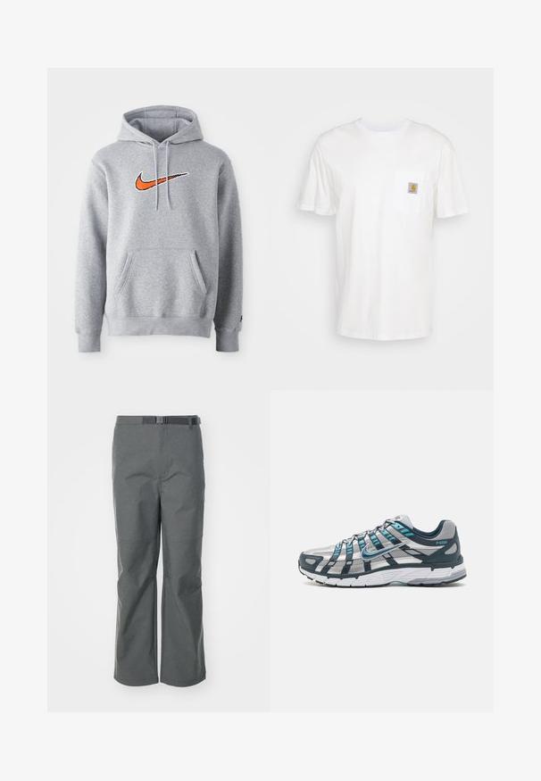 Sudadera gris con capucha hecha de una mezcla de algodón. Presenta un bolsillo canguro y capucha con cordones. Logo de Nike bordado en naranja en el pecho.; Camiseta de algodón blanca con mangas cortas, un bolsillo en el pecho y un pequeño parche cuadrado de logo en naranja y blanco en el bolsillo.; Pantalones exteriores grises hechos de tejido resistente, con un corte de pierna recta, cinturón ajustable y detalles en las costuras para mayor estructura.; Nike Sportswear P 6000 - Zapatillas - armory navy/metallic silver/flat silver/white/armory navy