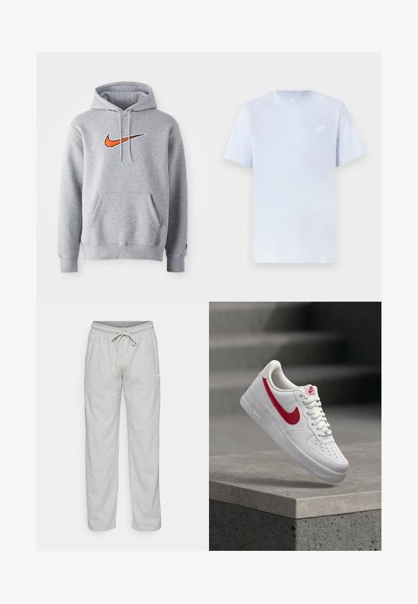 Šedá mikina s kapucňou vyrobená z bavlneného zmesi. Obsahuje klokaní vrecko a šnúrku na kapucni. Vyšitá oranžová Nike logo na hrudi.; Svetlomodré bavlnené tričko s krátkymi rukávmi, okrúhlym výstrihom a bielym logom Nike potlačeným na ľavej hrudi. Hladká textúra, jednoduchý dizajn.; Svetlošedé teplákové nohavice vyrobené z jemného materiálu. Obsahujú elastický pás na šnurovanie a čierne logo Nike na ľavom stehne.; Biely Nike Air Force 1 teniska s červeným logom Swoosh vznášajúca sa nad betónovým lemom a schodmi v pozadí.