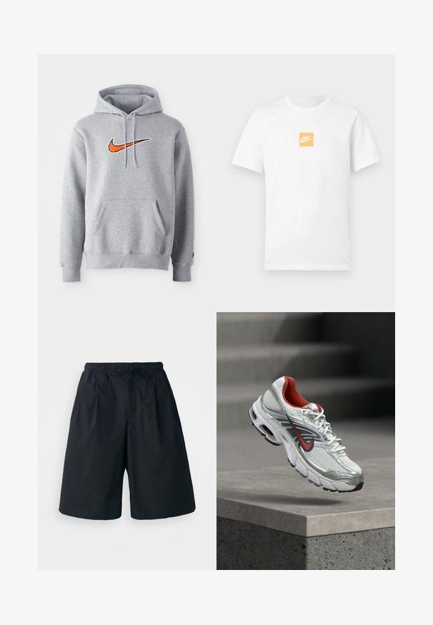 Grå sweatshirt hoodie lavet af en bomuldsblanding. Har kengurulomme og snoretræk i hætten. Broderet orange Nike-logo på brystet.; Hvid kortærmet bomuldst-shirt med lille orange firkant på brystet, der har hvidt Nike-logo og swoosh.; Sorte shorts med elastisk talje og justerbar snor. Lavet af et glat stof, med en løs pasform og uden synlige mønstre.; Hvid og sølv Nike løbesko med røde accenter, der svæver over en betonkant og viser dens side- og såldetaljer.