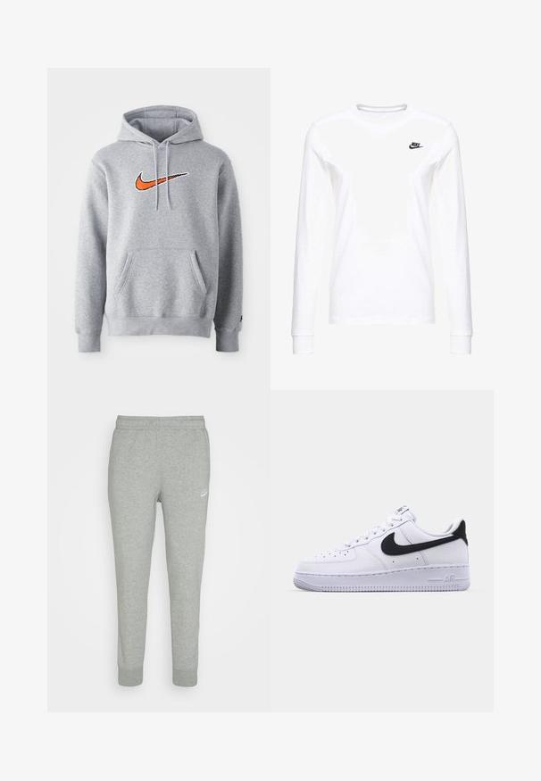 Grå sweatshirt hoodie lavet af en bomuldsblanding. Har kengurulomme og snoretræk i hætten. Broderet orange Nike-logo på brystet.; Hvid langærmet T-shirt lavet af bomuld, med et lille sort Nike-logo på venstre bryst og en rund halsudskæring. Glat tekstur.; Grå sweatpants lavet af blødt stof, med tapered ben design, elastisk talje og lille hvid Nike-logo på venstre lår.; Hvide lædersneakers med en struktureret sort Swoosh, flade snørebånd og en gummisål med et rillemønster. "AIR" er præget på hælen.