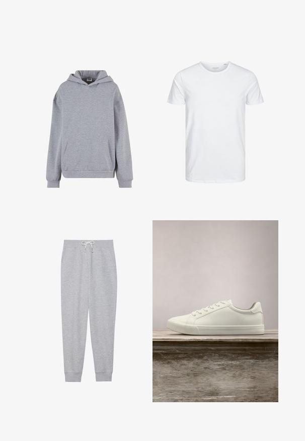 Helehall halli pullover kapuutsiga, pikkade varrukatega, eesmine kängurutasku ja soonikkoes mansettidega valgel taustal.; Ümmarguse kaelusega lühikeste varrukatega T-särk, mis on puhtast valgest pehmest puuvillast, omab lihtsat disaini ilma nähtavate mustrite või aktsentideta.; Hallid hallid jooksupüksid pehmest kangast, elastse vöökoha ja kinnitatava paelaga, küljetaskutega ja soonikkoes sääreotstega.; Valged nööpidega ketsid, mis hõljuvad puidust pingil rohelise lehestiku taustal, näidates uue disaini ja tekstuuri.