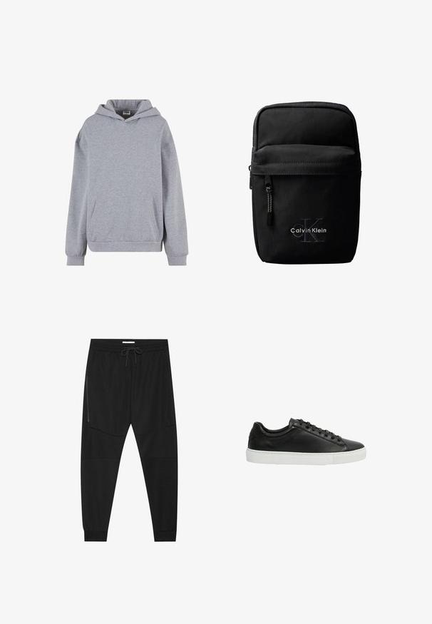 Lichtgrijze pullover hoodie met lange mouwen, voorzak met kangoeroezak en geribde boorden op een witte achtergrond.; Zwarte sportbroeken van textuurstof, met een verstelbare tailleband, een ritssluiting opzij en tapered boorden.; Zwarte leren sneakers met een gladde textuur, ronde neus en witte rubberen zool. Beschikt over een vetersluiting en minimalistische accenten.; Zwarte Calvin Klein crossbodytas met voorvak met ritssluiting, geperst "cK" logo en wit geborduurde merknaam.