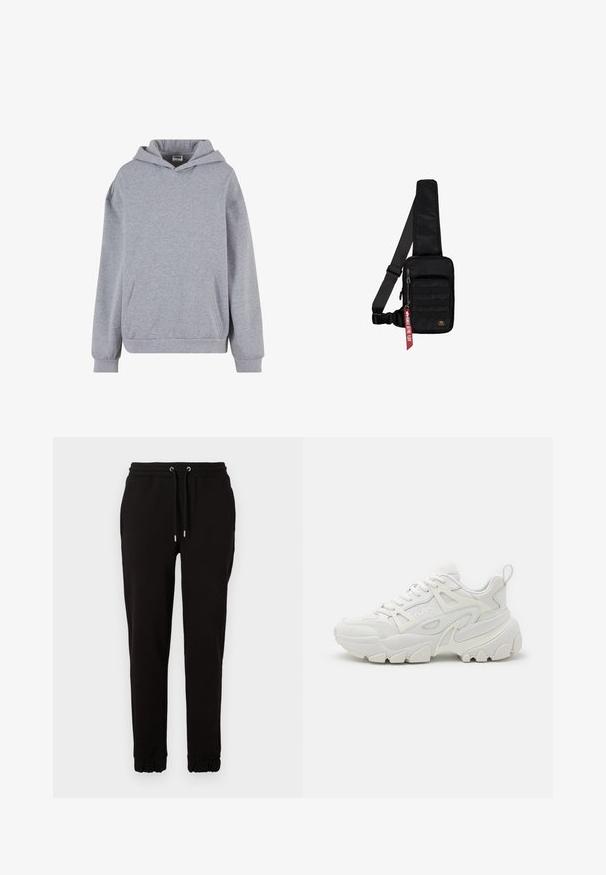 Lysegrå pullover hoodie med lange ærmer, for lomme foran og ribkant ved ærmerne på hvid baggrund.; Sorte sweatpants lavet af blødt stof, med elastisk talje med snoretræk, sidelommer og samlet manchette ved anklerne.; Hvide atletiske sneakers med en struktureret overdel, netpaneler, fremtrædende gummisål og dekorative udsparinger på siden.; Sort skuldertaske lavet af tekstureret stof. Har et lynlåslukket hovedrum, forlom med webbing, justerbar rem og et dekorativt mærke.