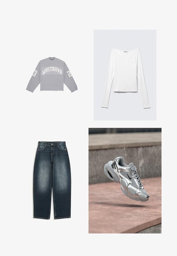 Sweater gris court avec texture côtelée, arborant le texte "WRSTBHVR" et les chiffres "2" et "3" en blanc sur les manches et la poitrine. Ourlet effiloché.; Haut blanc à manches longues avec un design croisé et une poche. Fabriqué dans un tissu lisse et extensible. Coupé dans une coupe décontractée et ample.; Jean bleu foncé à jambes larges avec légère décoloration sur l’avant des cuisses, cinq poches, fermeture par bouton et passants de ceinture, présenté à plat sur fond blanc.; Baskets Nike Air argentées et grises avec un swoosh noir flottant au-dessus d'une surface en béton rosâtre et un fond de rebord en pierre.